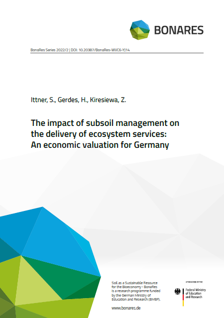 Cover of the publication titled "The impact of subsoil management on the delivery of ecosystem services: An economic valuation for Germany" by Ittner, S., Gerdes, H., and Kiresiewa, Z. The report is part of the BonaRes Series, funded by the German Federal Ministry of Education and Research. The cover features the BonaRes logo and a geometric design in blue, green, and white tones.